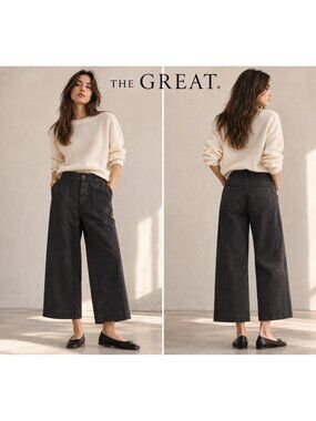 THE GREAT. Women's Cotton Wide Leg Cropped Pants Washed Black 28